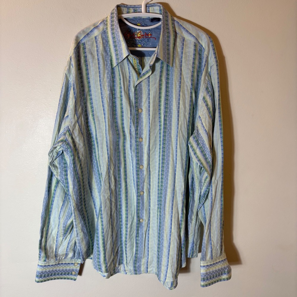 Robert Graham Striped Button Down Shirt Men's‎ 2XL Blue Green Flip Cuff